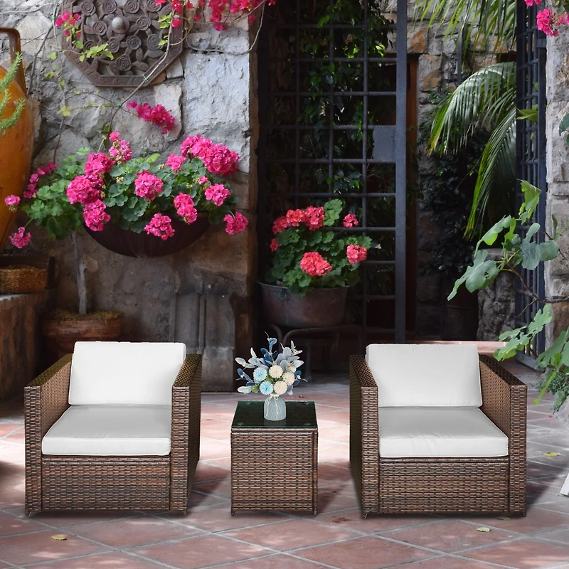 Outsunny Wicker Bistro Patio Set, 2 Porch Chairs & Glass Table