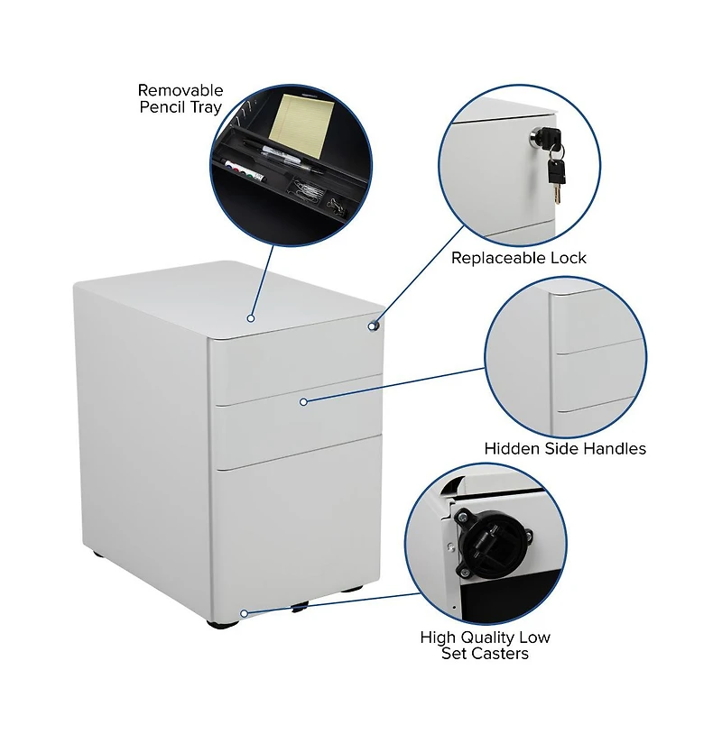 Emma+Oliver Modern 3-Drawer Mobile Locking Filing Cabinet Storage Organizer