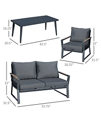 Outsunny 4 Piece Patio Furniture Set, Aluminum Conversation Set, Outdoor Garden Sofa Set with Armchairs, Loveseat, Center Coffee Table and Cushions, D