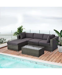 Outsunny 5 Piece Patio Wicker Furniture Set, Outdoor Sectional Sofa Set Rattan Conversation Sets with Tempered Glass Tabletop Coffee Table and Ottoman