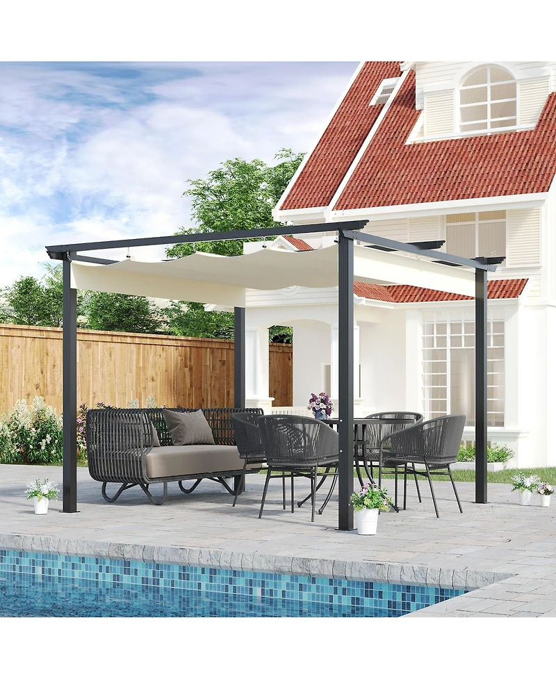 Outsunny Retractable Pergola Canopy Patio Gazebo Sun Shelter with Aluminum Frame for Outdoors, Cream White