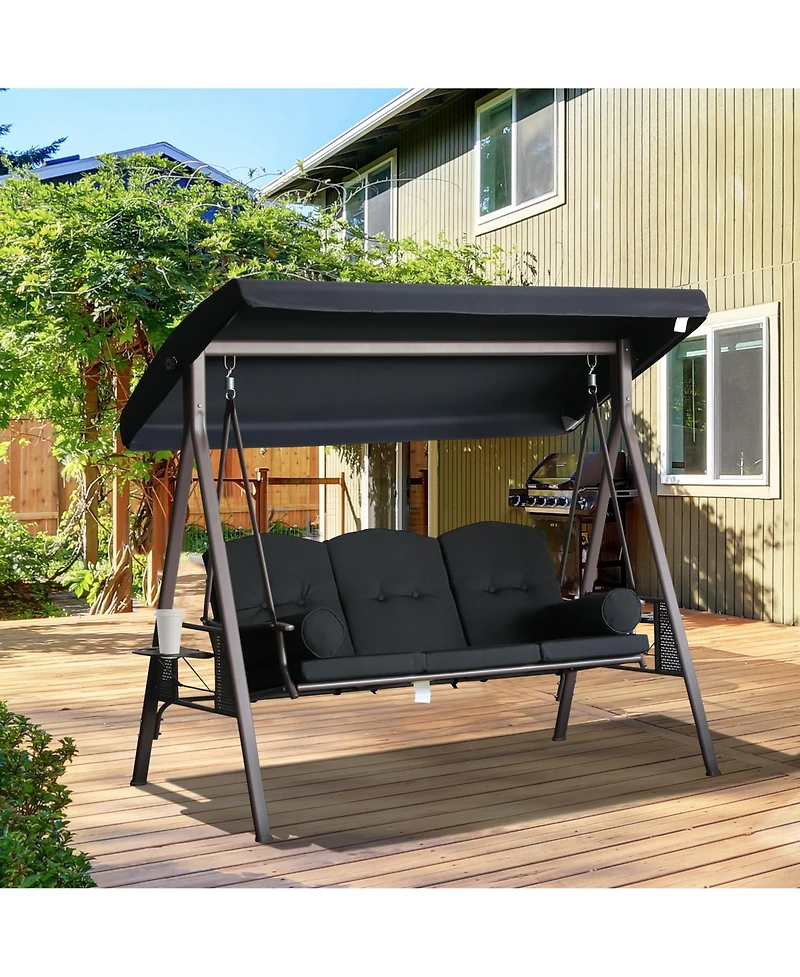 Outsunny Outdoor Patio 3-Person Steel Canopy Cushioned Seat Bench Swing with Included Side Trays & Padded Comfort, Black
