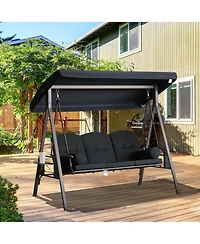 Outsunny Outdoor Patio 3-Person Steel Canopy Cushioned Seat Bench Swing with Included Side Trays & Padded Comfort, Black