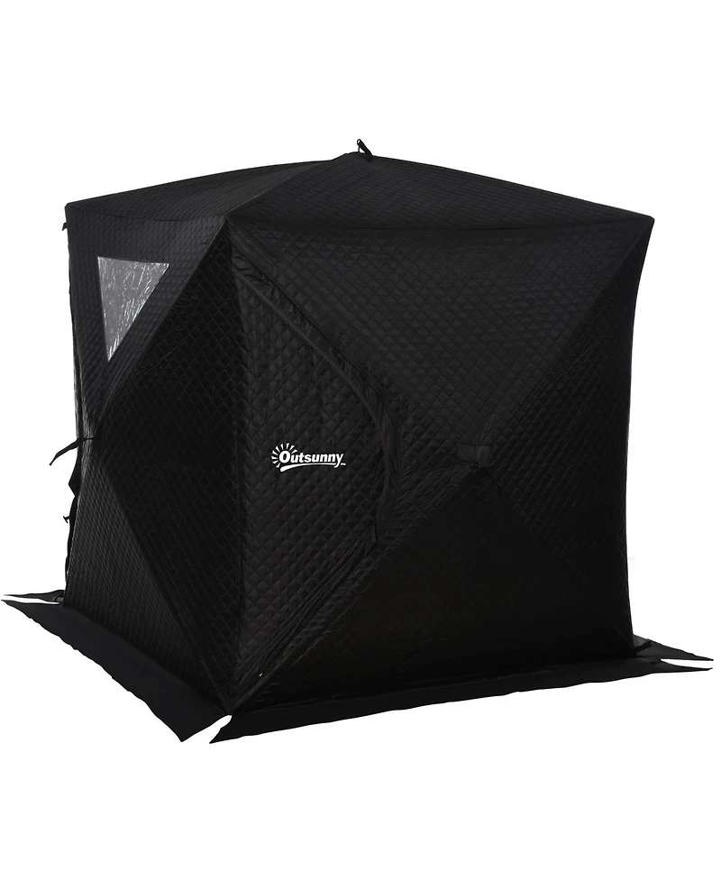 Outsunny 2 Person Ice Fishing Shelter with Padded Walls, Thermal Waterproof Portable Pop Up Ice Tent with 2 Doors, Black