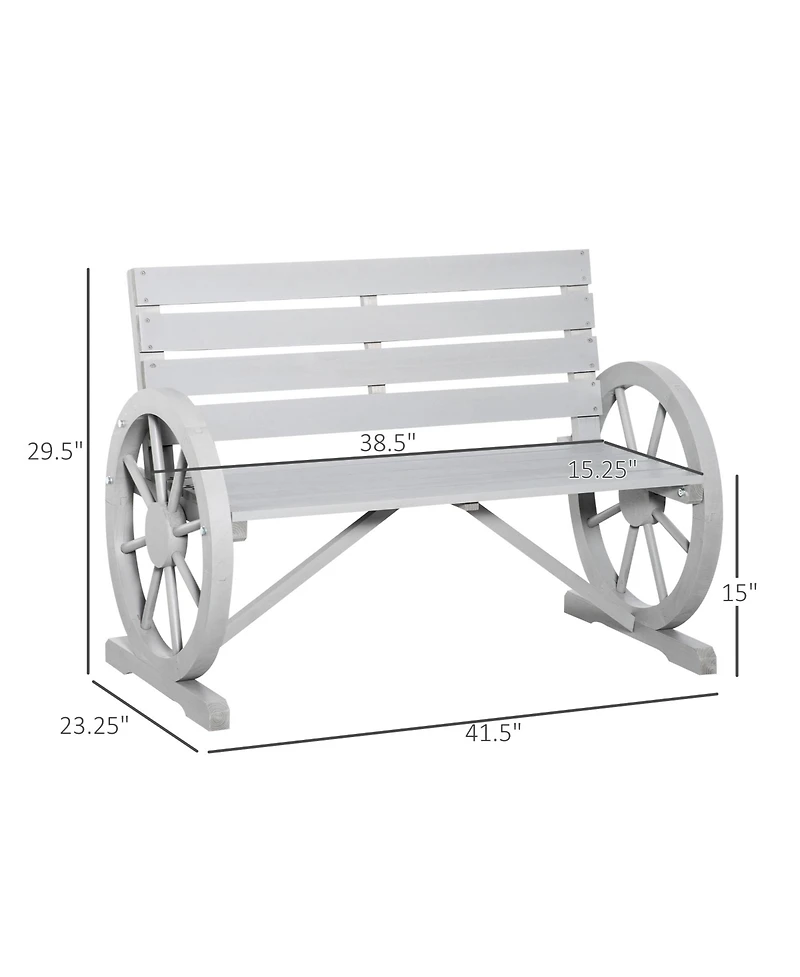 Outsunny Wooden Wagon Wheel Bench, Rustic Outdoor Patio Furniture, 2-Person Seat Bench with Backrest, Light Grey
