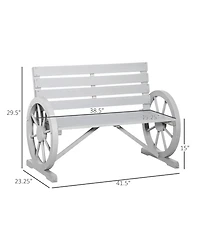 Outsunny Wooden Wagon Wheel Bench, Rustic Outdoor Patio Furniture, 2-Person Seat Bench with Backrest, Light Grey