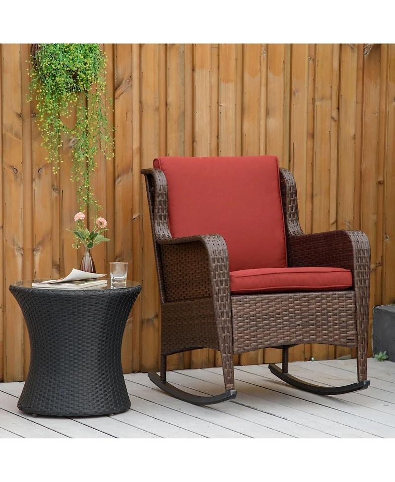 Outsunny Wicker Rocking Chair, Outdoor Rocker w/ Cushions, Wine