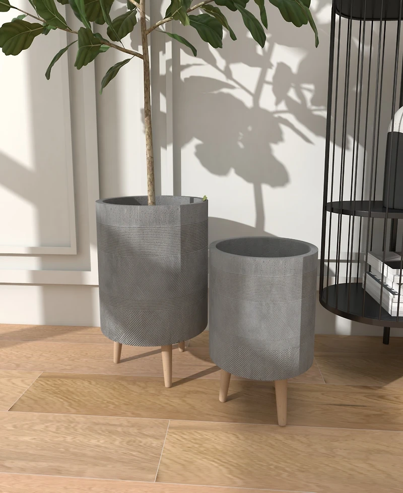 Ceramic Indoor Outdoor Planter with Wood Legs Set of 2