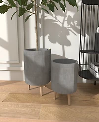Ceramic Indoor Outdoor Planter with Wood Legs Set of 2