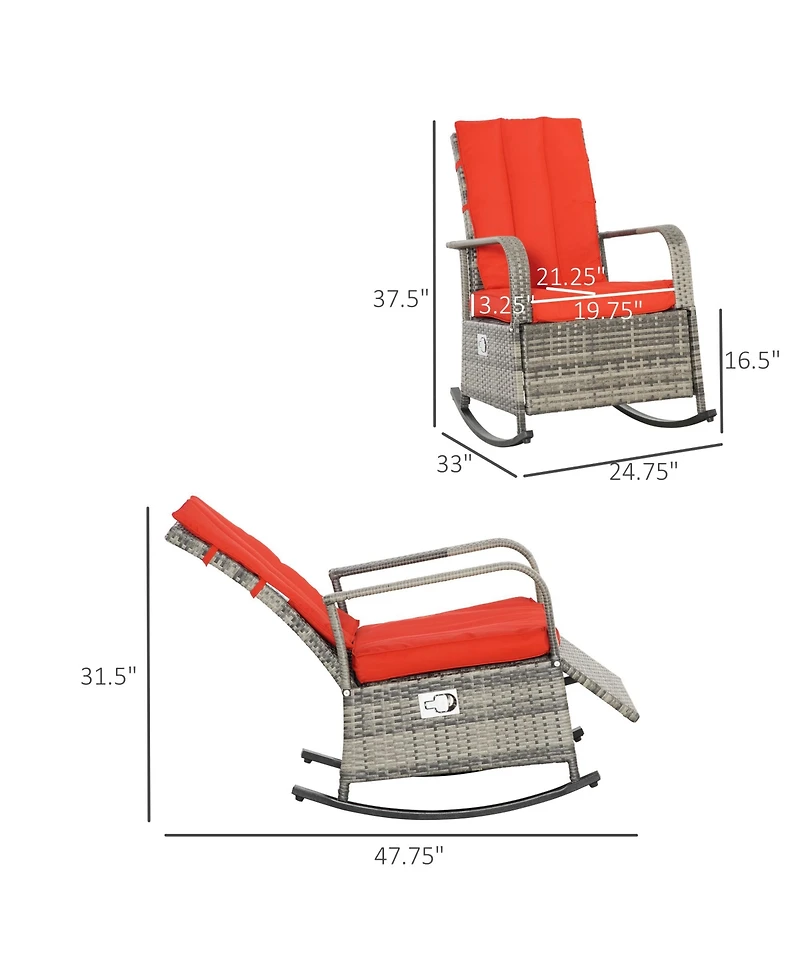 Outsunny Outdoor Rattan Wicker Rocking Chair Patio Recliner with Soft Cushion, Adjustable Footrest, Max. 135 Degree Backers, Red