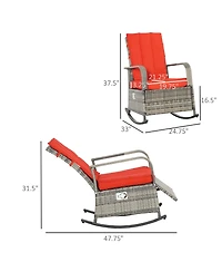 Outsunny Outdoor Rattan Wicker Rocking Chair Patio Recliner with Soft Cushion, Adjustable Footrest, Max. 135 Degree Backers, Red