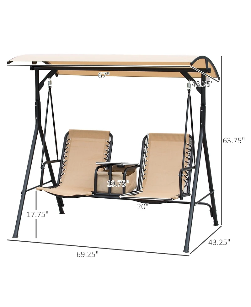 Outsunny 2-Seat Patio Swing Chair, Outdoor Canopy Swing Glider with Pivot Storage Table, Cup Holder, Adjustable Shade
