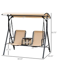 Outsunny 2-Seat Patio Swing Chair, Outdoor Canopy Swing Glider with Pivot Storage Table, Cup Holder, Adjustable Shade