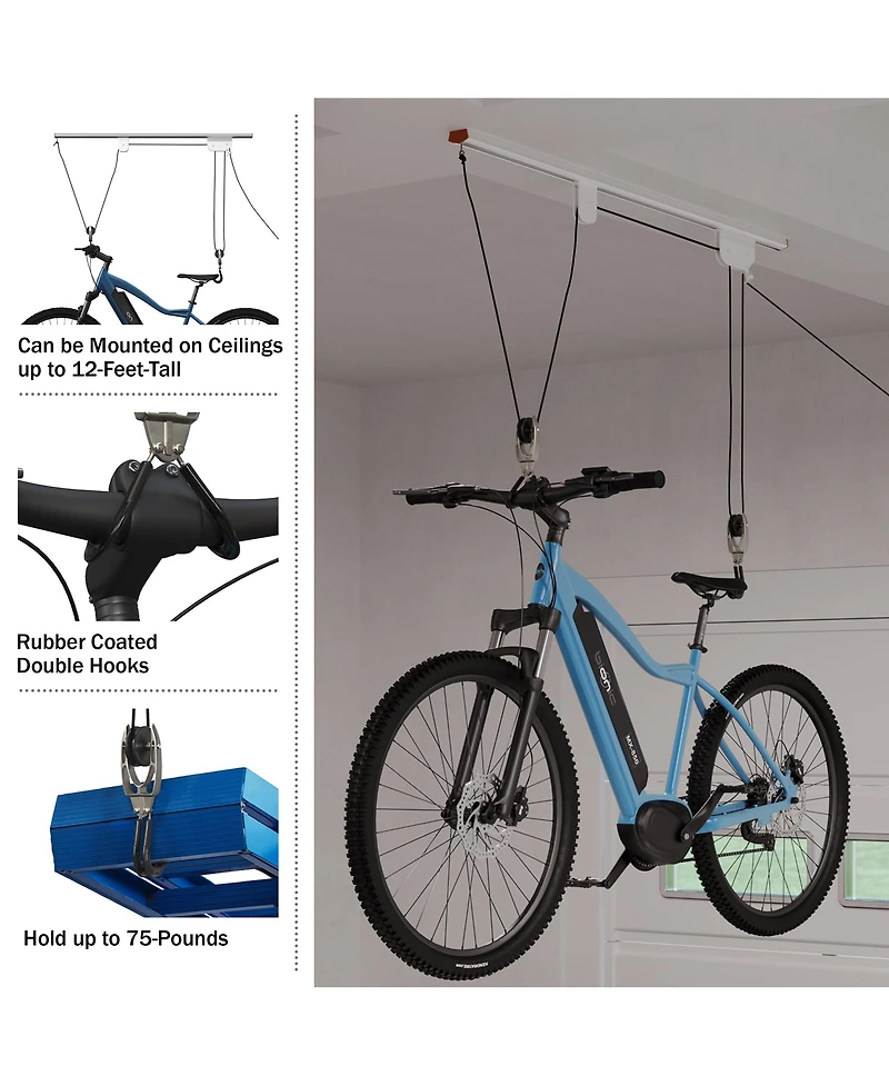 Rail Mount Hoist Pulley System - Bike Hanger for Garage - Overhead Ceiling Storage for Bicycle, Ladder, or Cargo with 75lb Capacity by Rad Cycle