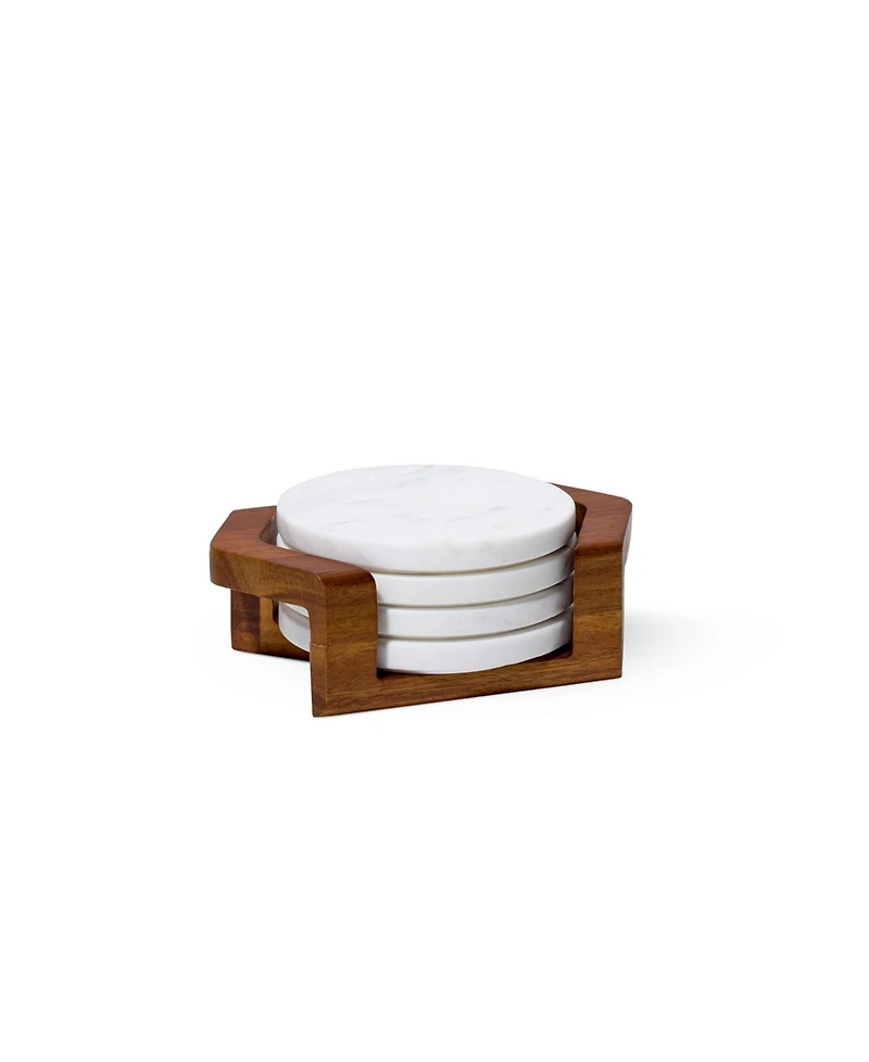 Nambe Chevron Coaster Set with Holder in Acacia Wood and Marble