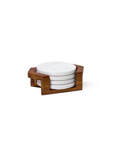 Nambe Chevron Coaster Set with Holder in Acacia Wood and Marble