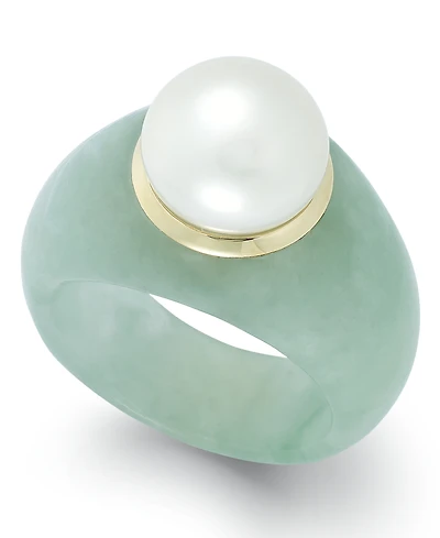 Cultured Freshwater Pearl Jade Ring in 14k Gold (9mm)