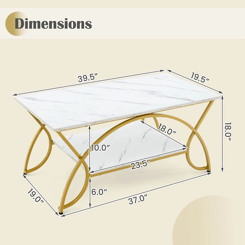 Coffee Table Modern Marble 2-Tier Coffee Table Gold Rectangle