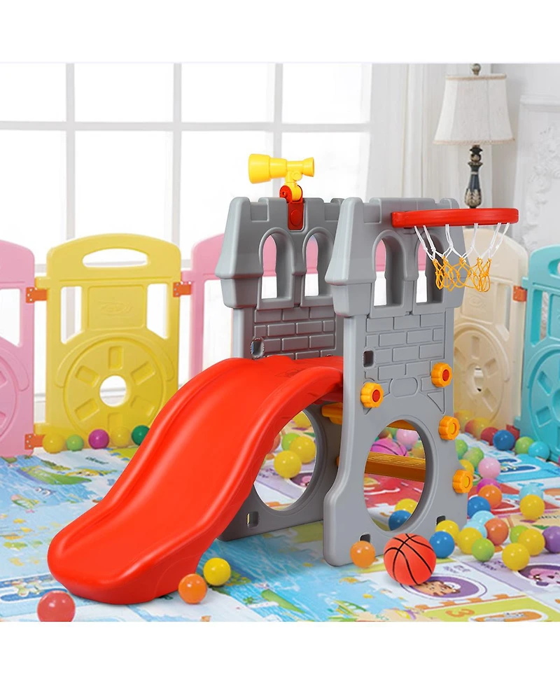 Costway Children Castle Slide Play Slide with Basketball Hoop and Telescope Toy