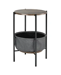 Industrial Round End Side Table Sofa Coffee Table w/ Storage Basket&Metal Frame