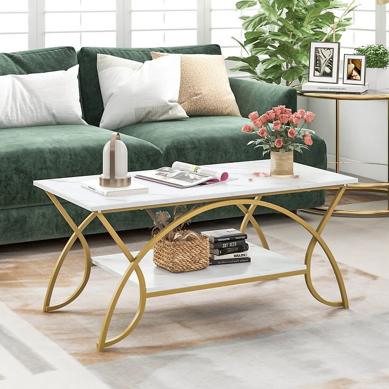 Coffee Table Modern Marble 2-Tier Coffee Table Gold Rectangle