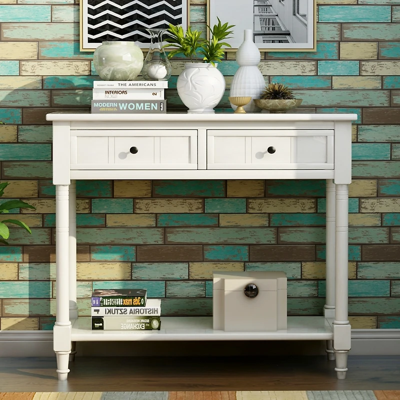 Simplie Fun Daisy Series Console Table Traditional Design With Two Drawers And Bottom Shelf (Ivory)