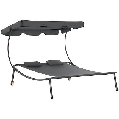 Outsunny Patio Double Chaise Lounge Chair, Outdoor Wheeled Hammock Daybed with Adjustable Canopy and Pillow for Sun Room, Garden, or Poolside, Grey