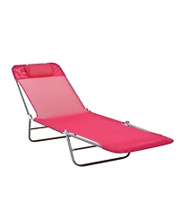 Outsunny Portable Sun Lounger, Lightweight Folding Chaise Lounge Chair w/ Adjustable Backrest & Pillow for Beach, Poolside and Patio, Pink & Sliver