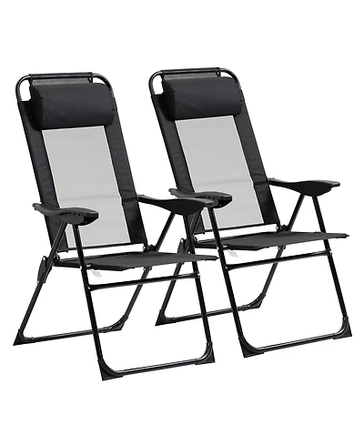 Outsunny Set of 2 Folding Patio Chairs, Camping Chairs with Adjustable Sling Back, Removable Headrest, Armrest for Garden, Backyard, Lawn, Black