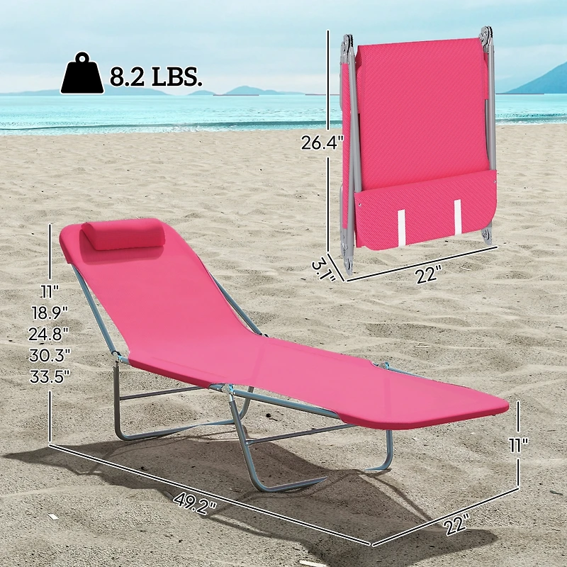 Outsunny Portable Sun Lounger, Lightweight Folding Chaise Lounge Chair w/ Adjustable Backrest & Pillow for Beach, Poolside and Patio, Pink & Sliver