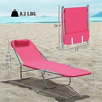 Outsunny Portable Sun Lounger, Lightweight Folding Chaise Lounge Chair w/ Adjustable Backrest & Pillow for Beach, Poolside and Patio, Pink & Sliver