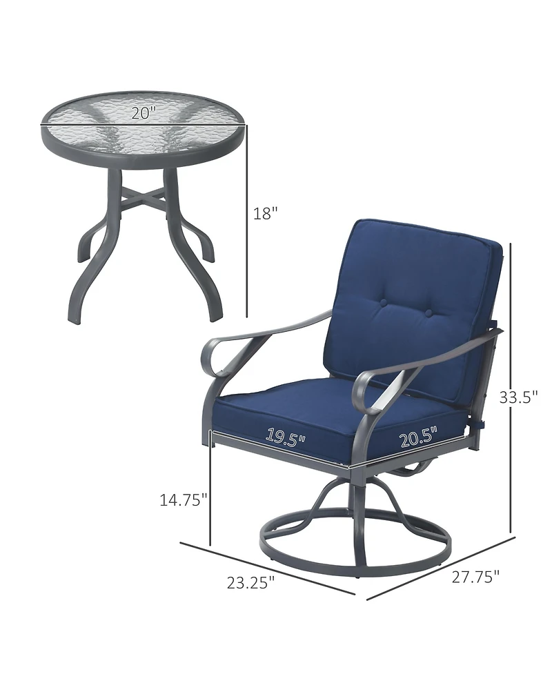 Outsunny 3 Piece Patio Bistro Set, Outdoor Conversation Furniture, 2 Swivel Rocking Chairs, 1 Round Tempered Glass Coffee Table, Soft Removable Cushio