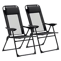 Outsunny Set of 2 Folding Patio Chairs, Camping Chairs with Adjustable Sling Back, Removable Headrest, Armrest for Garden, Backyard, Lawn, Black