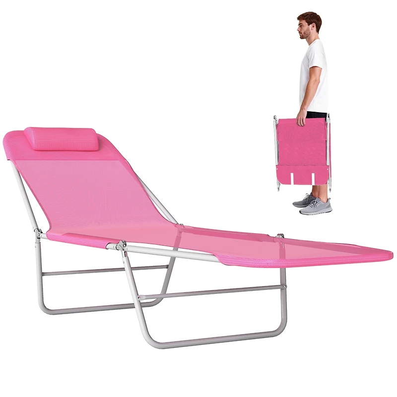 Outsunny Portable Sun Lounger, Lightweight Folding Chaise Lounge Chair w/ Adjustable Backrest & Pillow for Beach, Poolside and Patio, Pink & Sliver