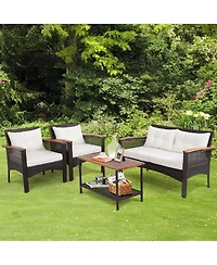 4PCS Patio Rattan Acacia Wood Furniture Set Cushion Sofa Armrest Deck