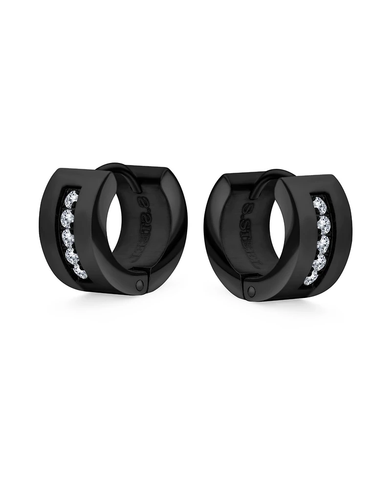 Unisex Channel Set 3 Row Cubic Zirconia Cz K-pop Wide Mini Hoop Huggie Earrings For Men Women Black Plated Steel Stainless