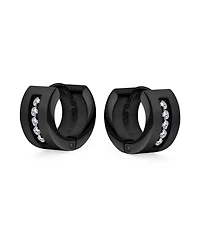 Unisex Channel Set 3 Row Cubic Zirconia Cz K-pop Wide Mini Hoop Huggie Earrings For Men Women Black Plated Steel Stainless