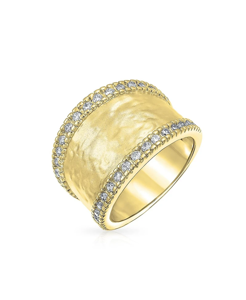 Bling Jewelry Modern Style Cz Accent Band Fashion Statement Brushed Hammered Matte Finish Wide Ring Yellow Gold Plated Brass Or Rhodium Br