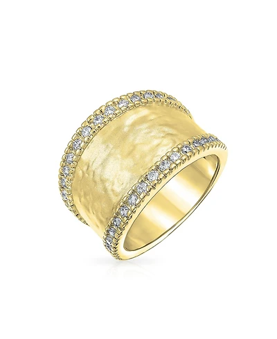 Bling Jewelry Modern Style Cz Accent Band Fashion Statement Brushed Hammered Matte Finish Wide Ring Yellow Gold Plated Brass Or Rhodium Br