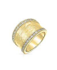 Bling Jewelry Modern Style Cz Accent Band Fashion Statement Brushed Hammered Matte Finish Wide Ring Yellow Gold Plated Brass Or Rhodium Br
