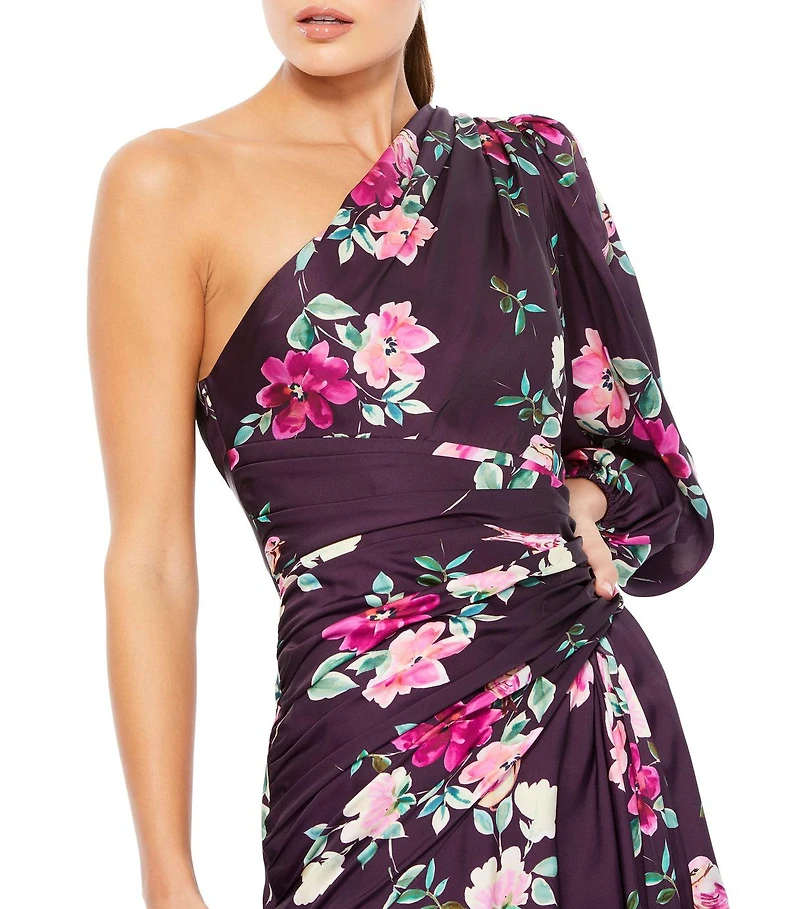 Mac Duggal Women's Ieena Plum Floral Print One Sleeve Gown
