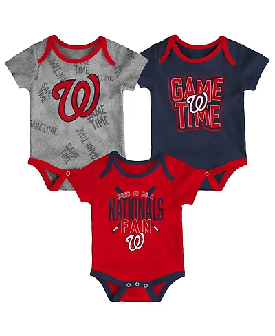 Newborn and Infant Boys Girls Washington Nationals Red, Navy, Heathered Gray Game Time Three-Piece Bodysuit Set
