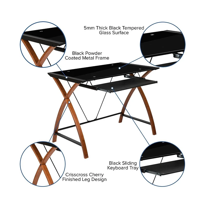 Glass Computer Desk-Pull-Out Keyboard Tray & Crisscross Frame