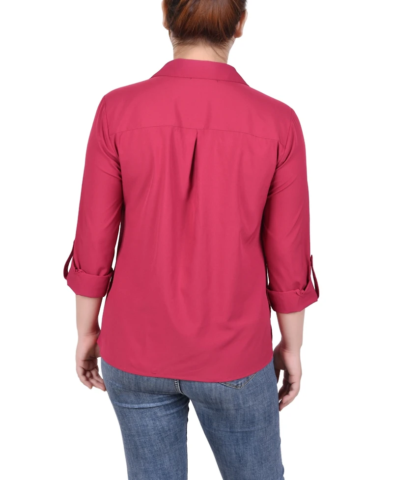 Ny Collection Petite 3/4 Roll Tab Blouse with Pockets