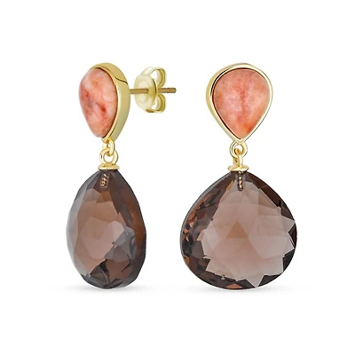 Bling Jewelry Elegant Translucent Briolette Peach Chocolate Brown Pear Shaped Natural Smoky Quartz Faceted Teardrop Drop Earrings Gold Plated