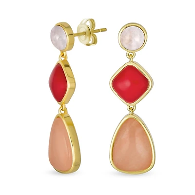 Bling Jewelry Unique Long Round Square Teardrop Shape 3 Multi-Tier Summer Party Red Peach Pink Synthetic Quartz Dangling Earrings Gold Plated