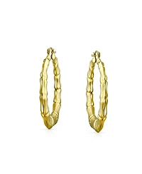 Bling Jewelry Light Weight Hollow Big Bamboo Hoop Earrings Gold Plated Brass Diameter 2 Inch
