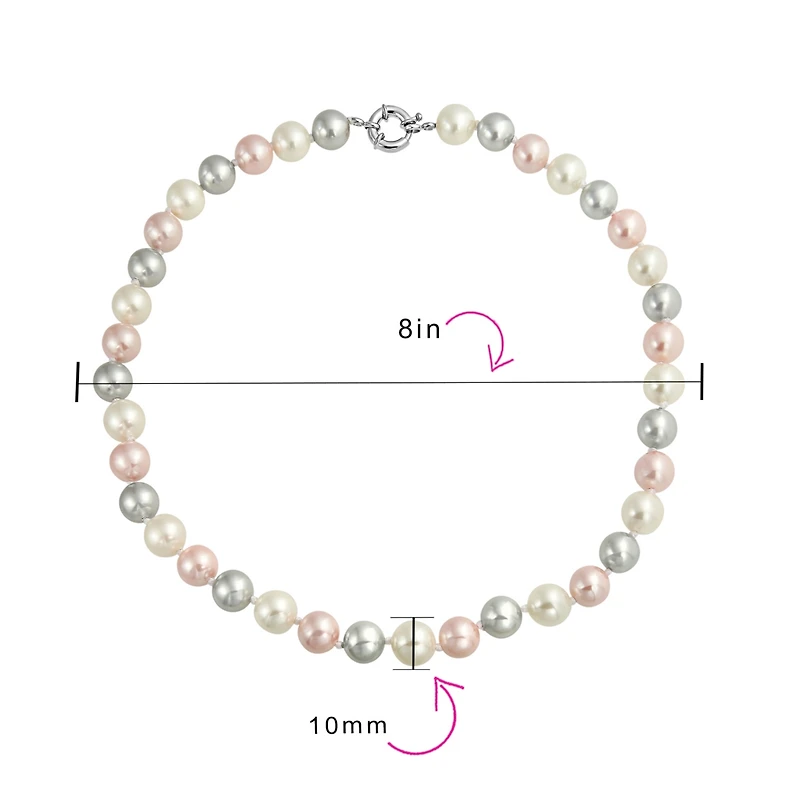 Bling Jewelry Classic Smooth 10MM Pale Pink White Grey Tri Multi Color Hand Knotted Simulated Pearl Strand Necklace 18 Inches
