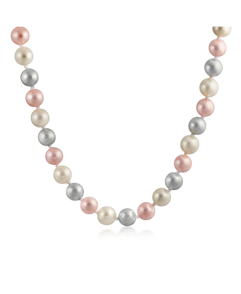 Bling Jewelry Classic Smooth 10MM Pale Pink White Grey Tri Multi Color Hand Knotted Simulated Pearl Strand Necklace 18 Inches