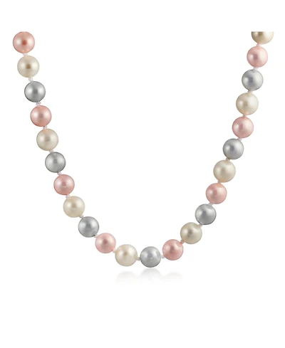 Bling Jewelry Classic Smooth 10MM Pale Pink White Grey Tri Multi Color Hand Knotted Simulated Pearl Strand Necklace 18 Inches